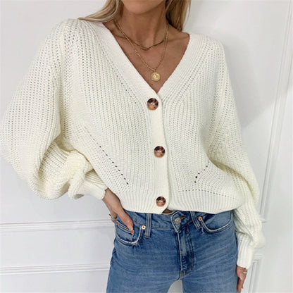 Solid V-neck Lantern Sleeve Button Knit Cardigan