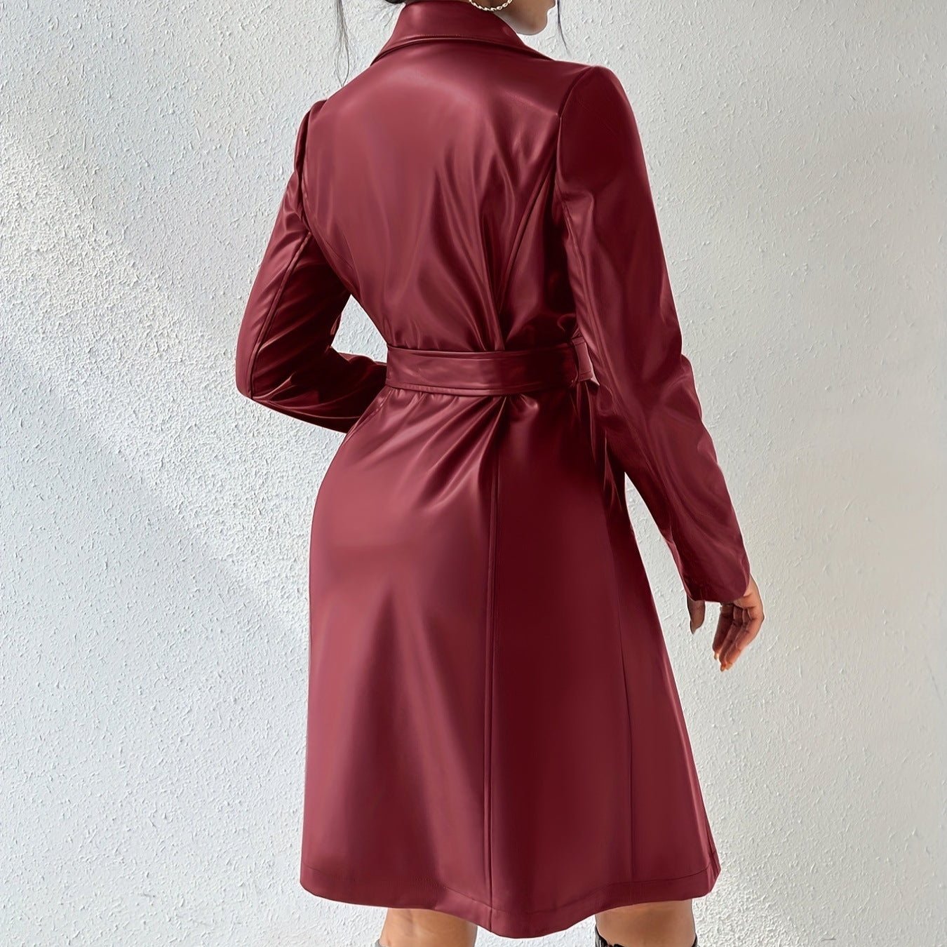 Chic Veste Longue en Cuir PU à Poches et Col Revers