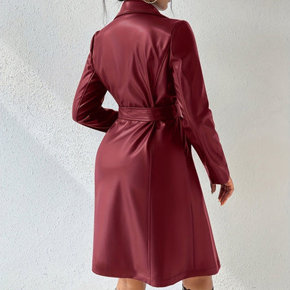 Chic Veste Longue en Cuir PU à Poches et Col Revers