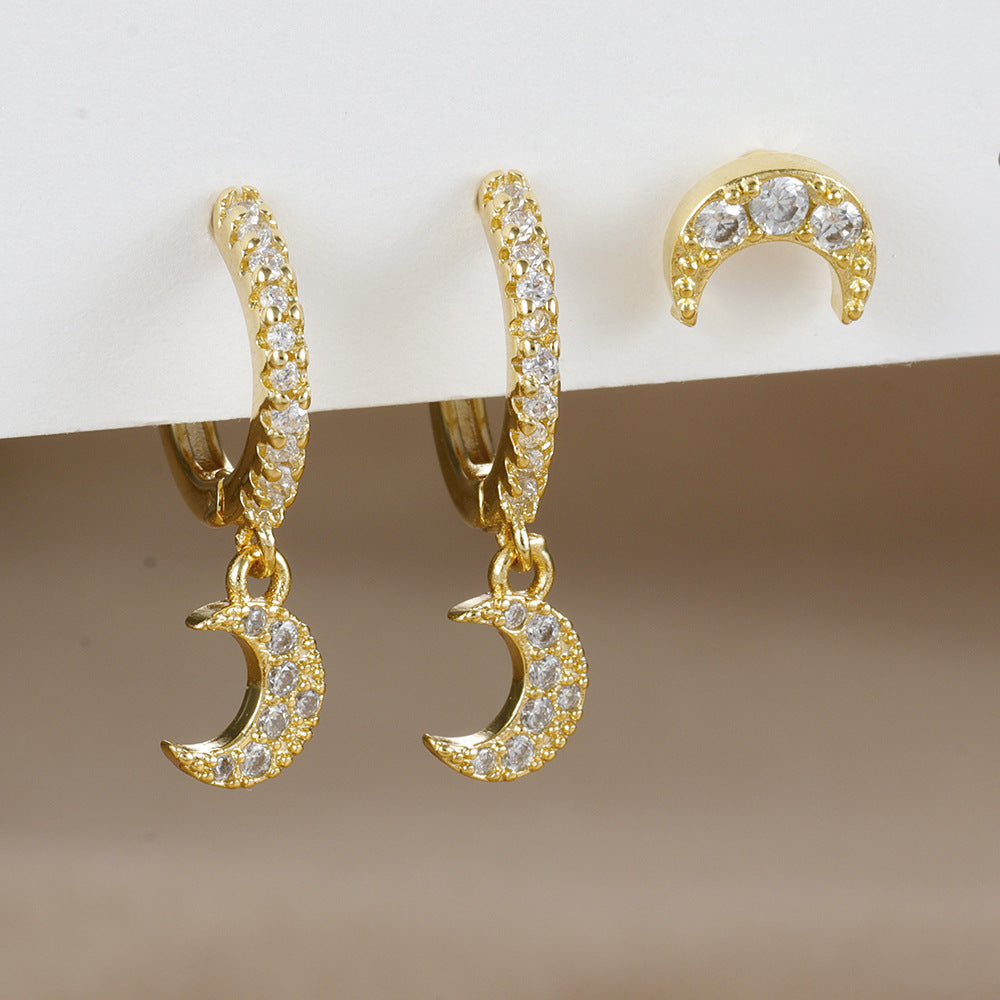 3 Paires- Set de Clous d'Oreilles Lune en Zircon, Plaqué Or 18K