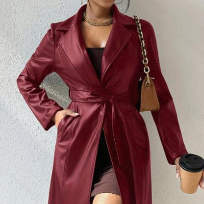 Chic Veste Longue en Cuir PU à Poches et Col Revers