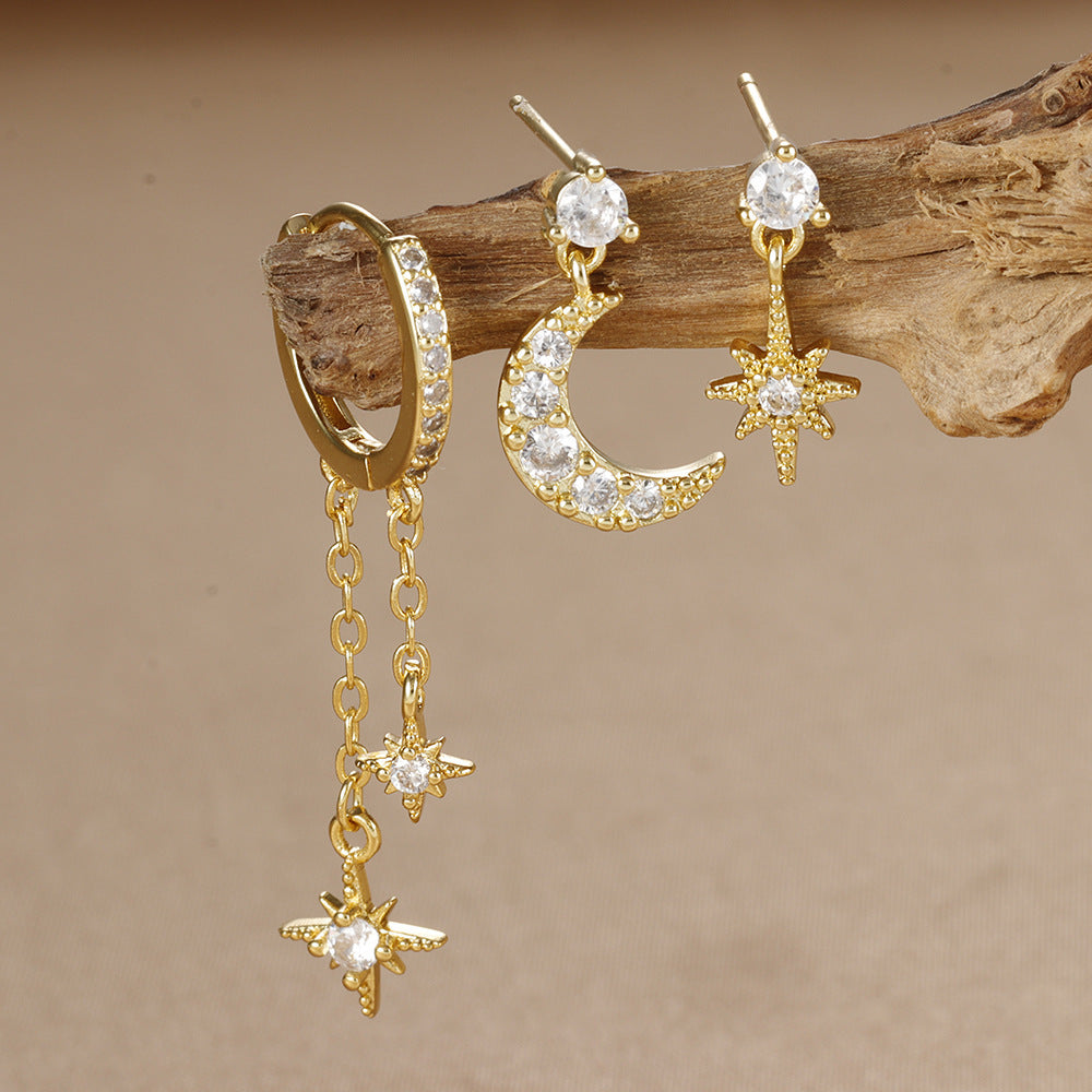 3 Paires- Set de Clous d'Oreilles Lune en Zircon, Plaqué Or 18K