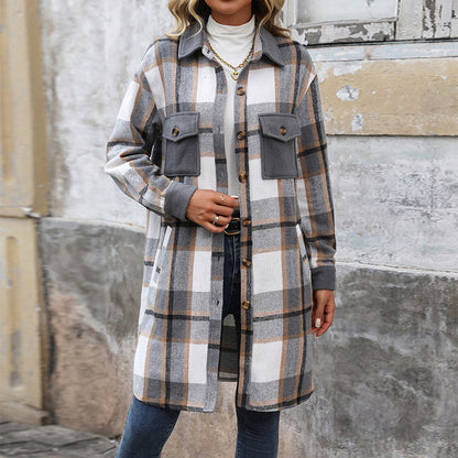 Manteau Long à Carreaux Brossé avec Poches - Veste Hiver Mode