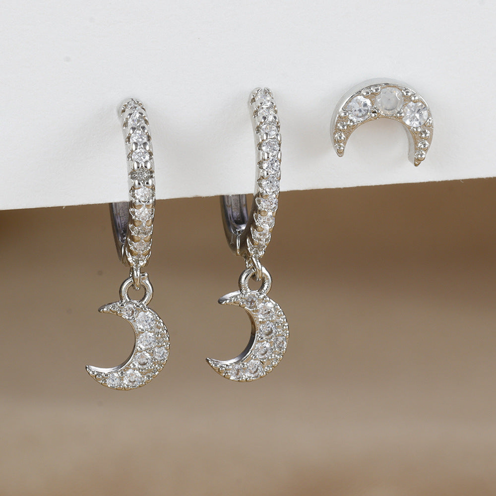 3 Paires- Set de Clous d'Oreilles Lune en Zircon, Plaqué Or 18K