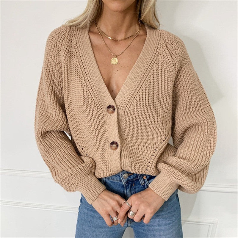 Solid V-neck Lantern Sleeve Button Knit Cardigan